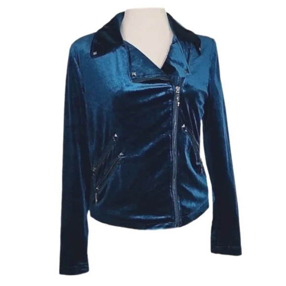 Badgley Mischka Jacket Velvet Chic Moto Turquoise Size S - Picture 1 of 16